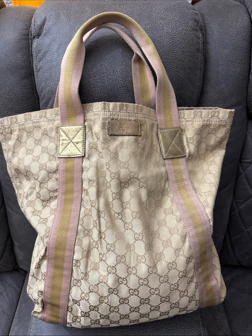 GG Monogram Beige Canvas Tote with Pink & Olive Straps